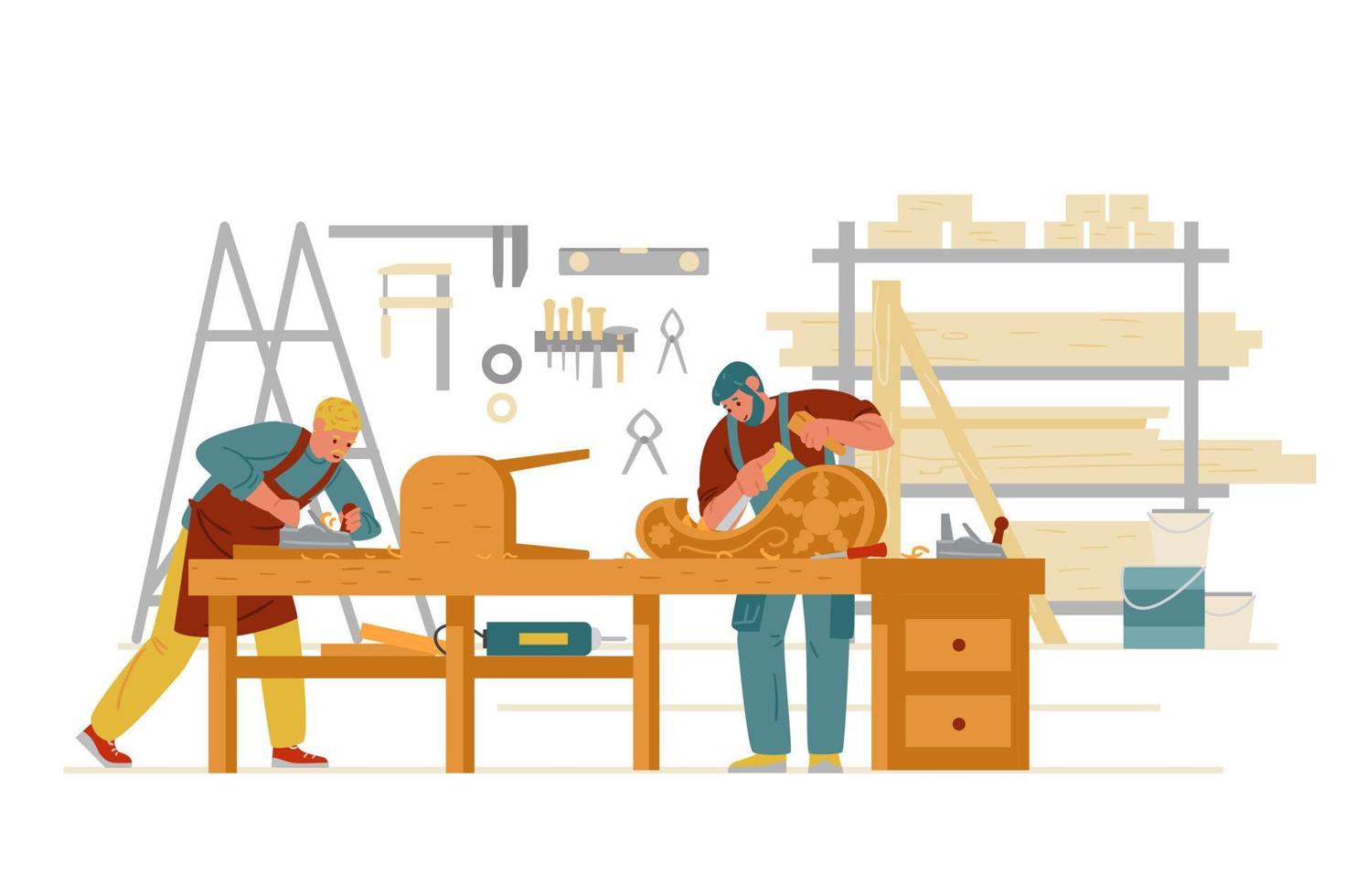 Carpenter Workshop Interior With Men Working. Carving On Wood, Making Furniture. Craftsman Flat Vector Characters.