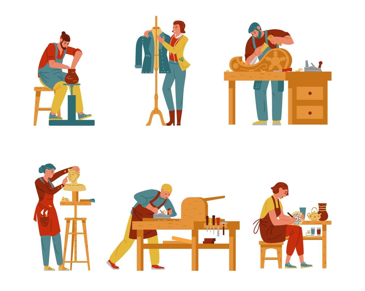 Artisan Vector Collection. Creative Professions And Hobbies Artists Set. Potter, Tailor, Carver, Sculptor, Carpenter, Painter. Handicraft Process.