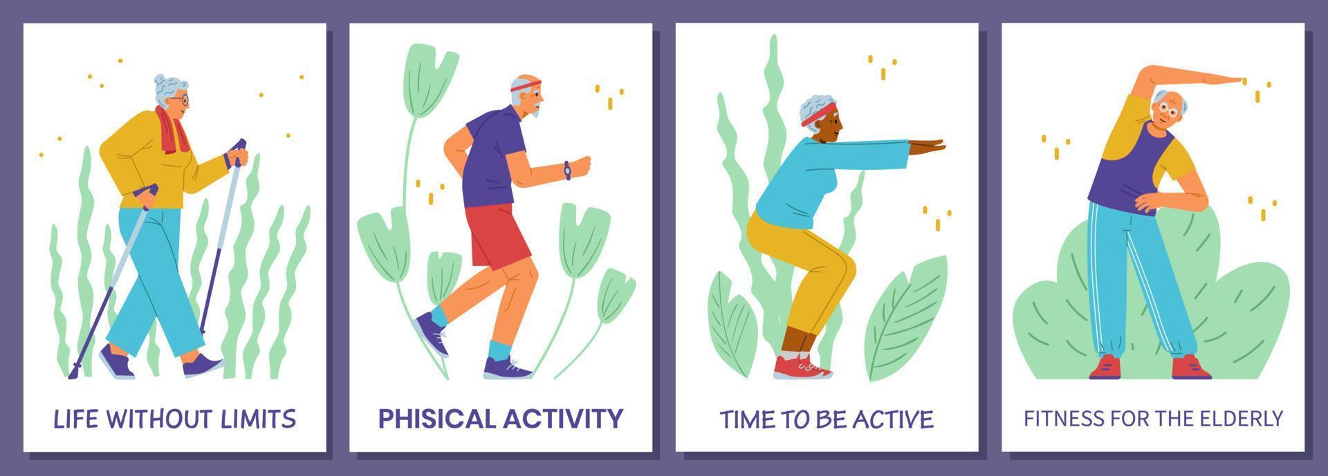 Active retirement set of vector cards with senior people doing exercises.