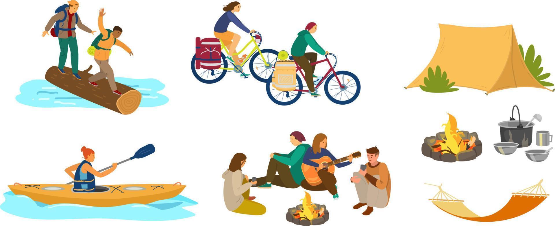 People in hike or camping. Crossing the river by log, couple in bike camping, woman kayaking, group of friends around campfire with guitar, tent, hammock, camping utensils. Flat vector. vector