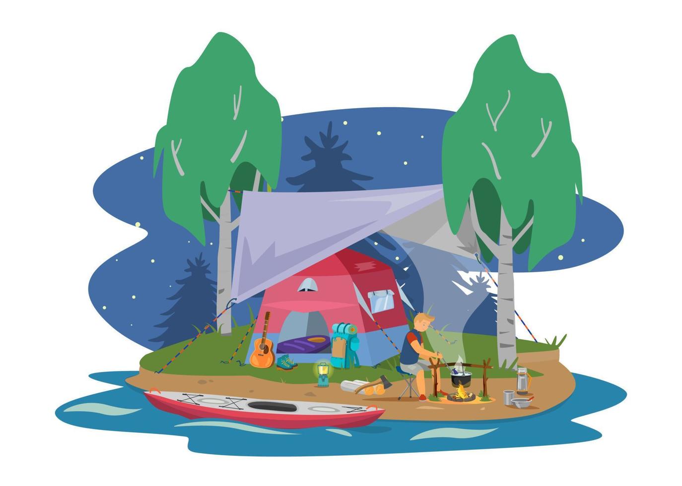 Night summer camp site with tent under awning, campfire on river coast vector illustration.