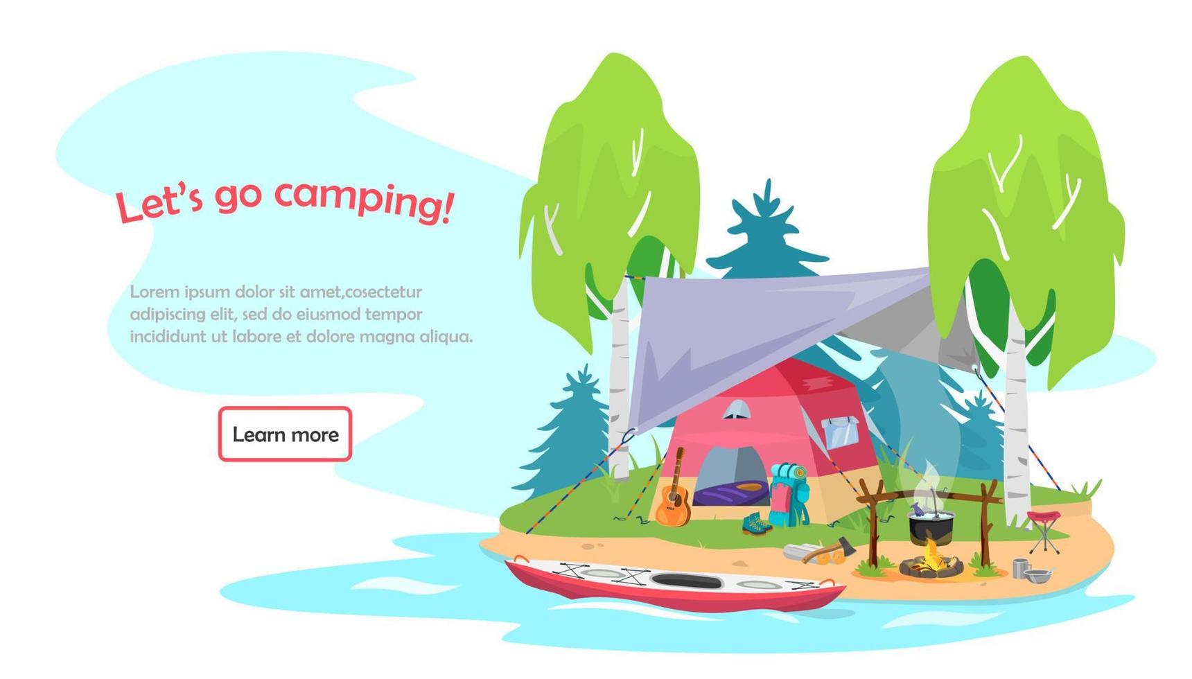 Web banner in flat cartoon style inviting to camping, hiking, kayaking, active recreation, travelling.  Summer camp with tent under awning, campfire on river coast. vector