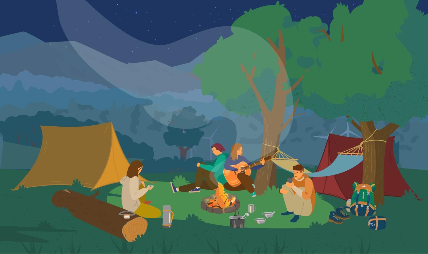 Night campsite with group of friends sitting around campfire and playing the guitar. Hiking equipment. Tent, hammock, backpack, utensils etc. Vector illustration.