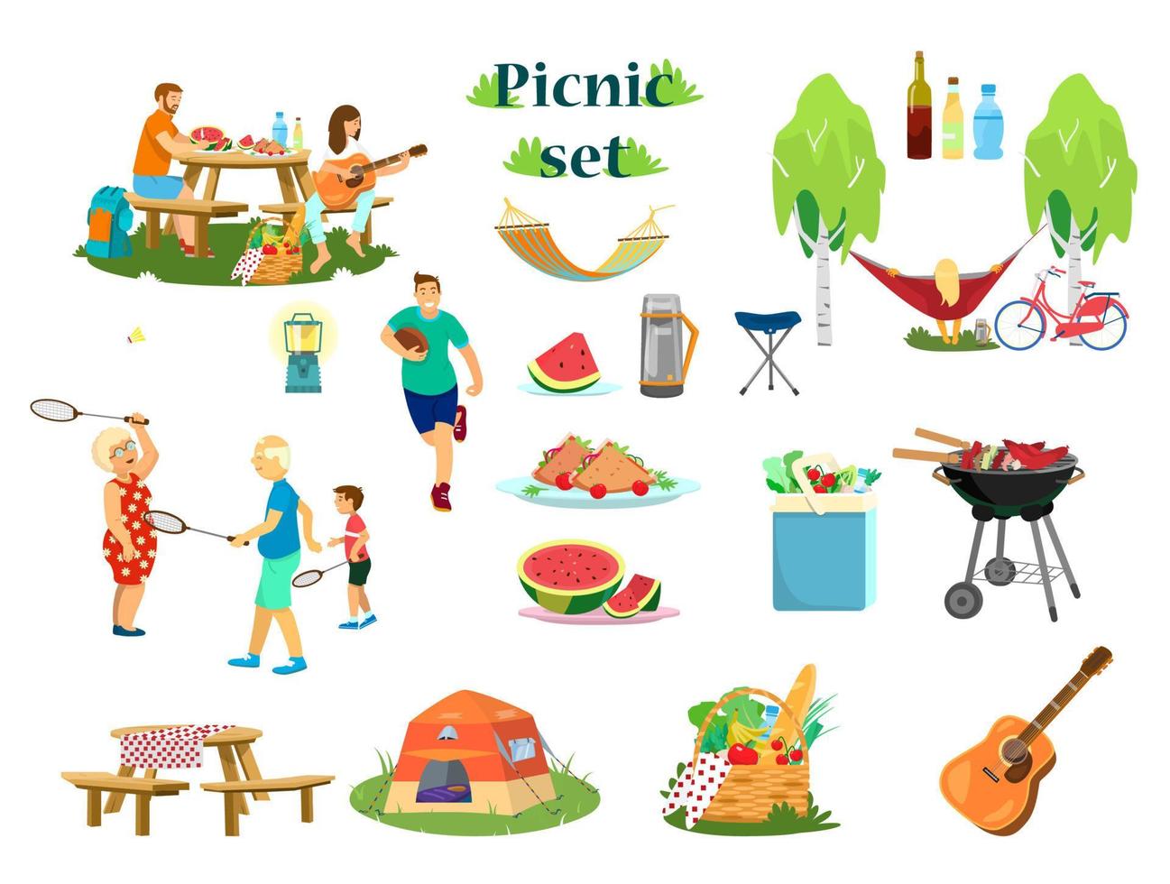 gran juego de picnic vectorial. pareja haciendo picnic, niño corre con pelota de rugby, abuelos con niño jugando bádminton, parrilla, cesta de picnic, bolsa más fresca, carpa, guitarra, mujer relajándose en hamaca. dibujos animados vector