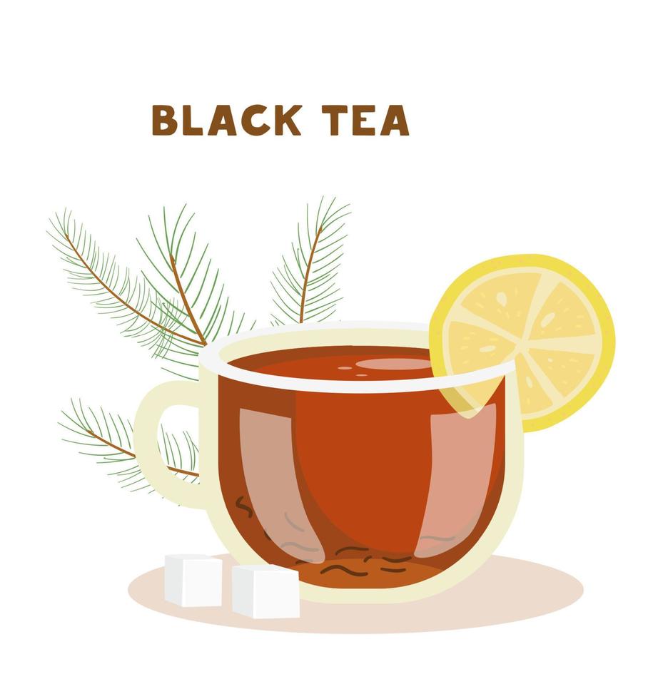 Black Tea Glass Cup With Lemon And Sugar Vector Illustration.  Isolated On White.