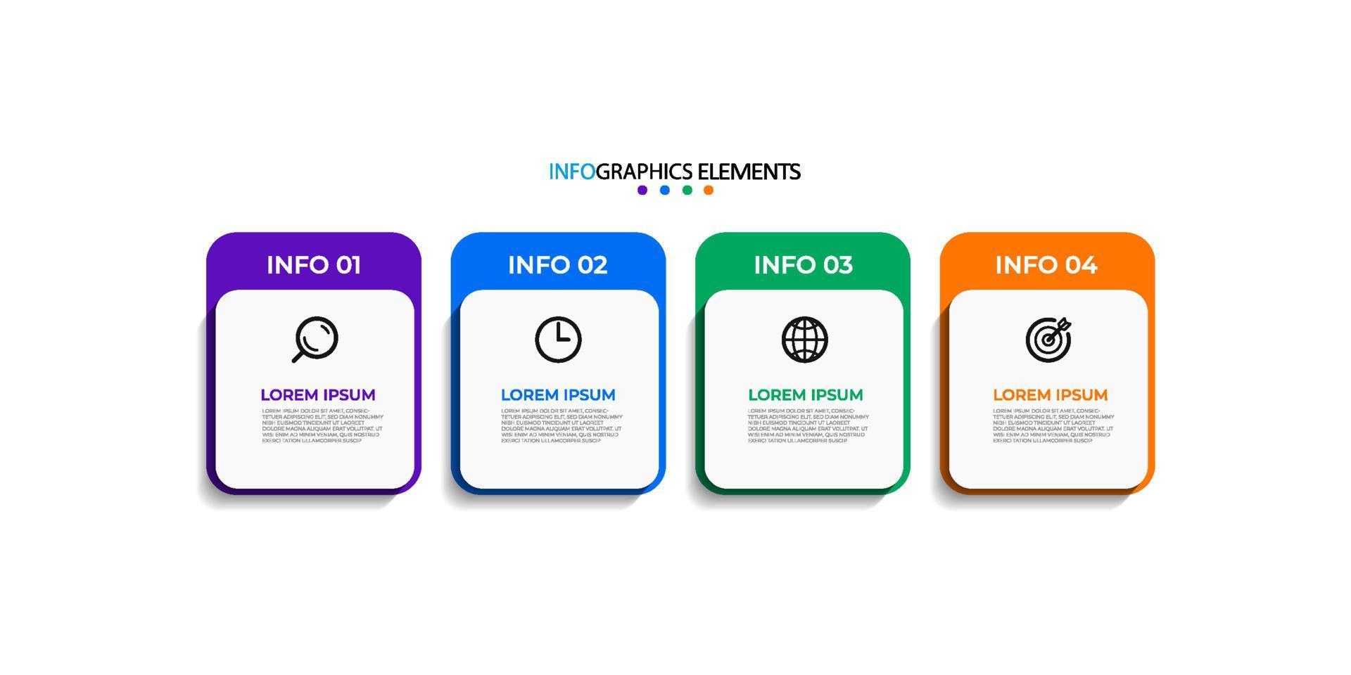 vector de plantilla de diseño infográfico empresarial moderno con iconos y 4 opciones o pasos. se puede utilizar para diagramas de proceso, presentaciones, diseño de flujo de trabajo, banner, diagrama de flujo, gráfico de información. eps10