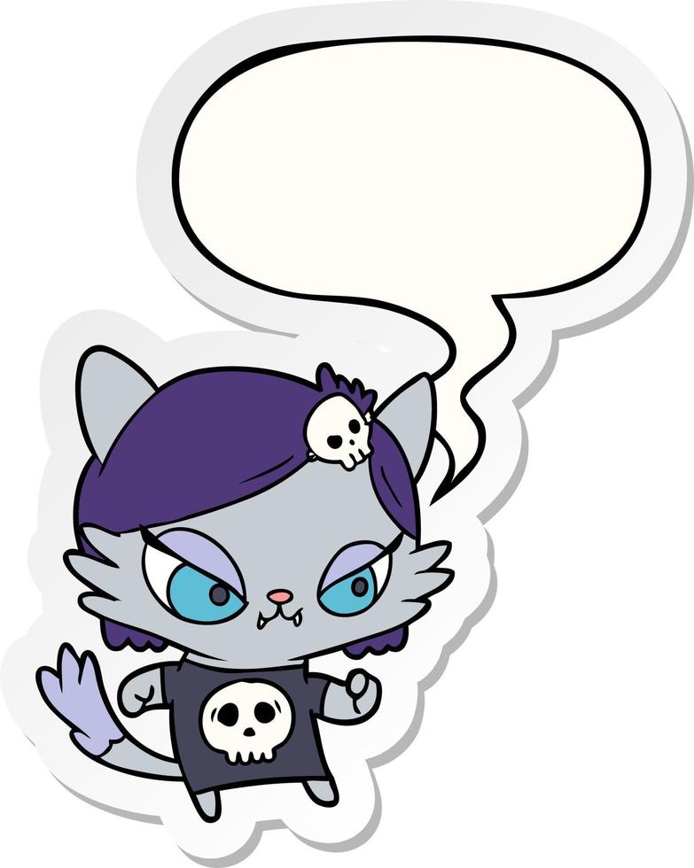cute cartoon tough cat girl and speech bubble sticker vector