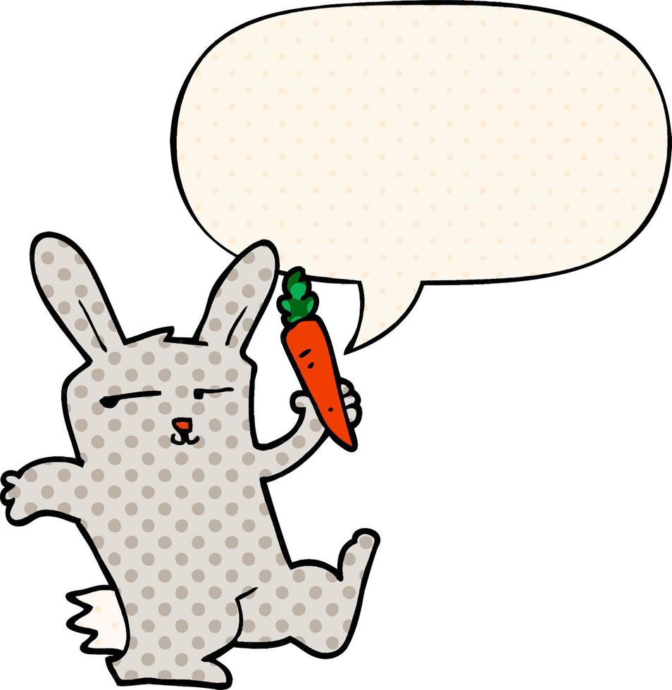 caricatura, conejo, zanahoria, y, burbuja del discurso, en, cómico, estilo vector