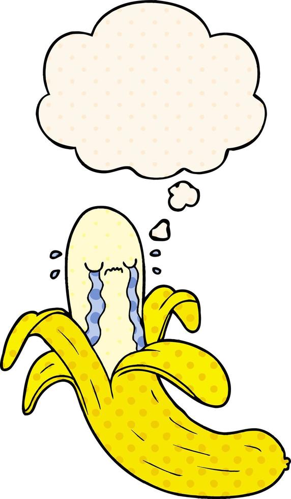 cartoon crying banana and thought bubble in comic book style vector