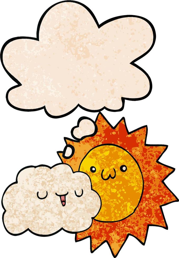 cartoon sun and cloud and thought bubble in grunge texture pattern style vector