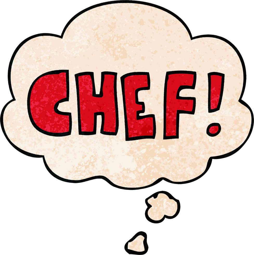 cartoon word chef and thought bubble in grunge texture pattern style vector