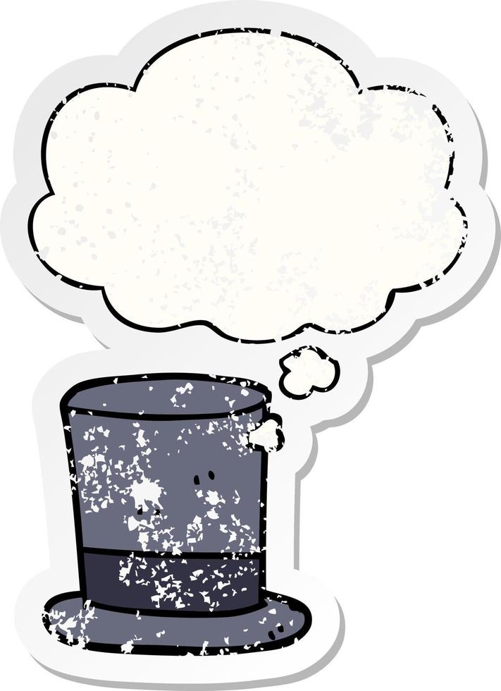 cartoon top hat and thought bubble as a distressed worn sticker vector