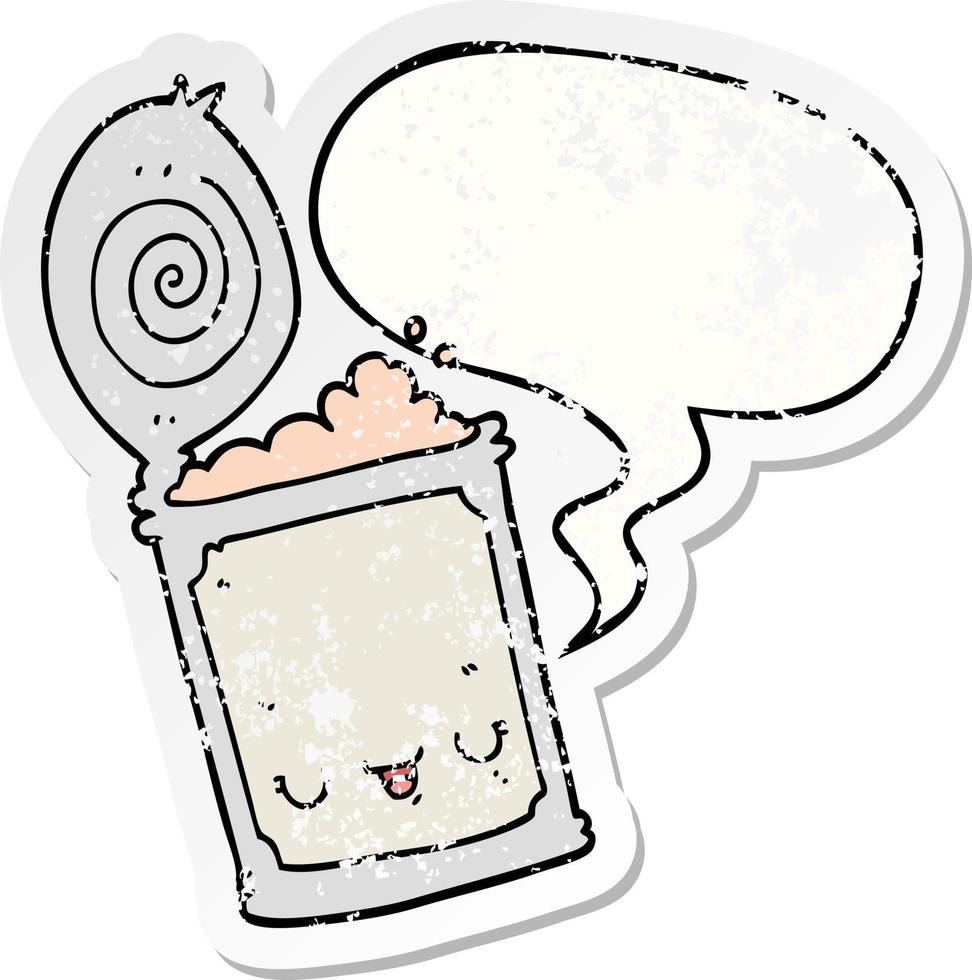 cartoon canned food and speech bubble distressed sticker vector