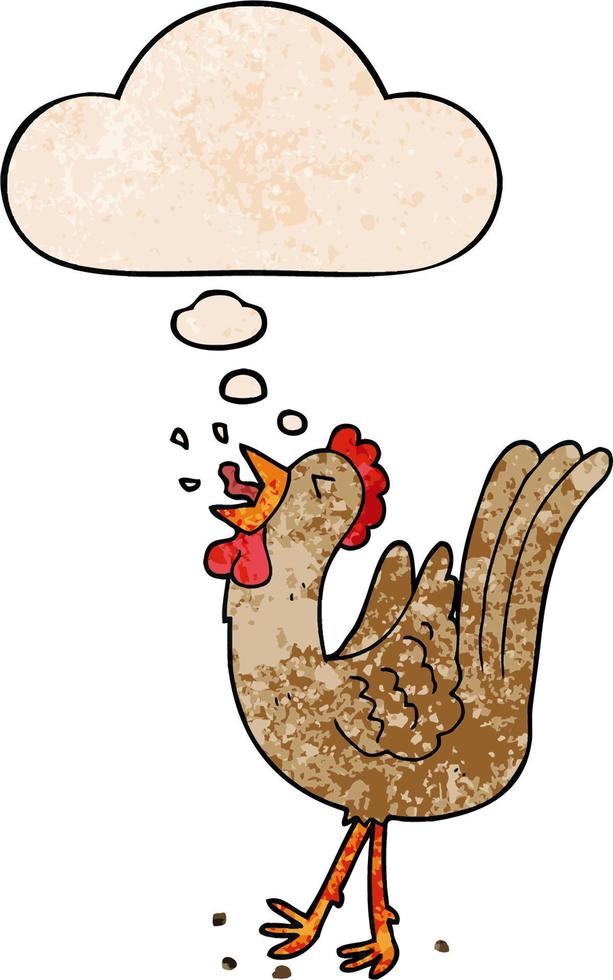 cartoon crowing cockerel and thought bubble in grunge texture pattern style vector