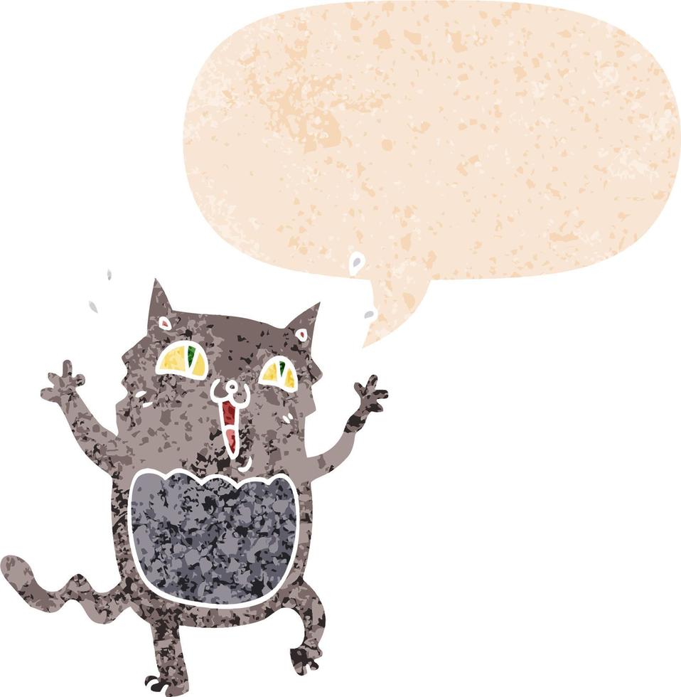 cartoon crazy excited cat and speech bubble in retro textured style vector