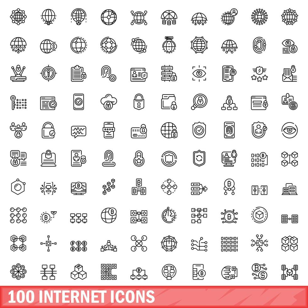 100 internet icons set, outline style vector