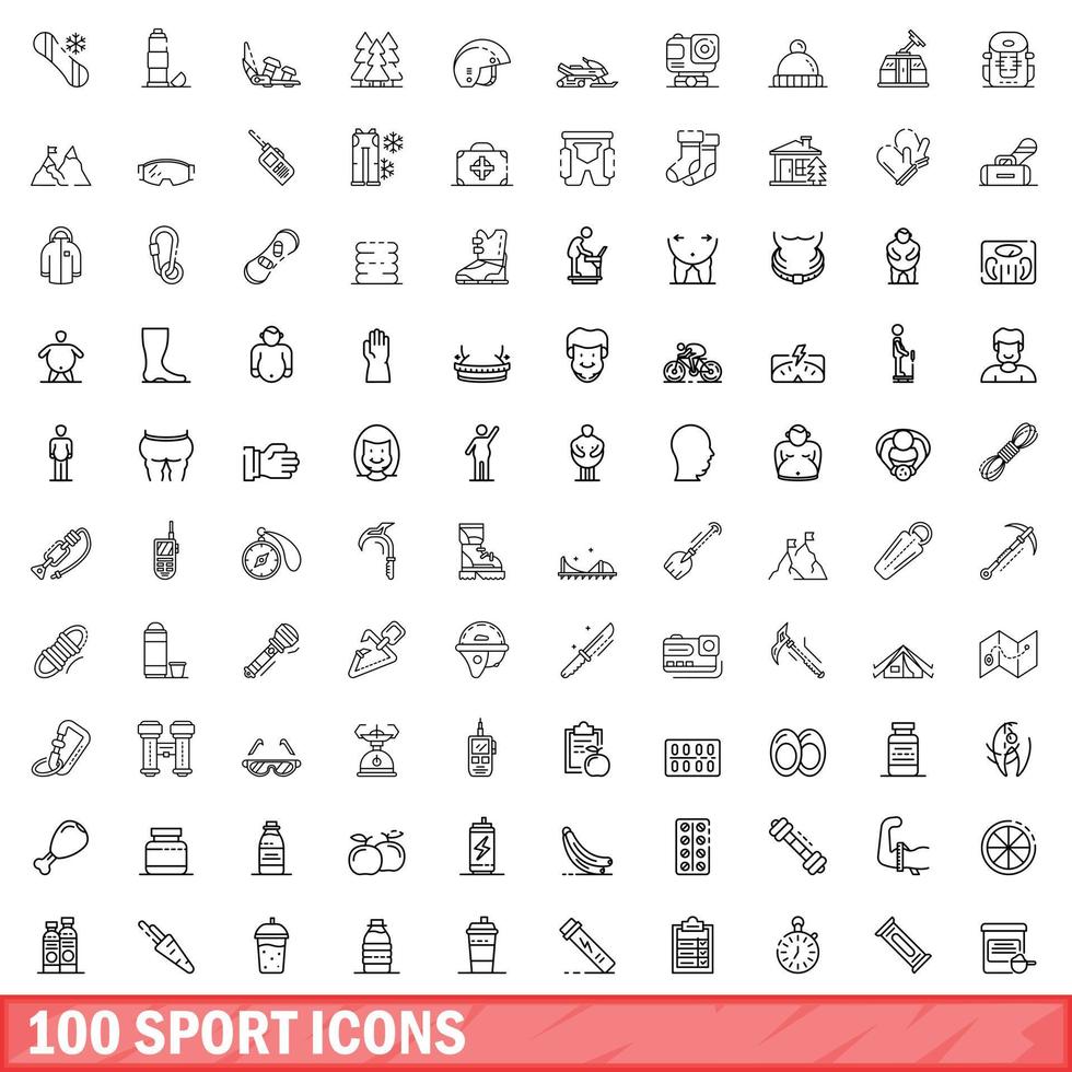 100 sport icons set, outline style vector