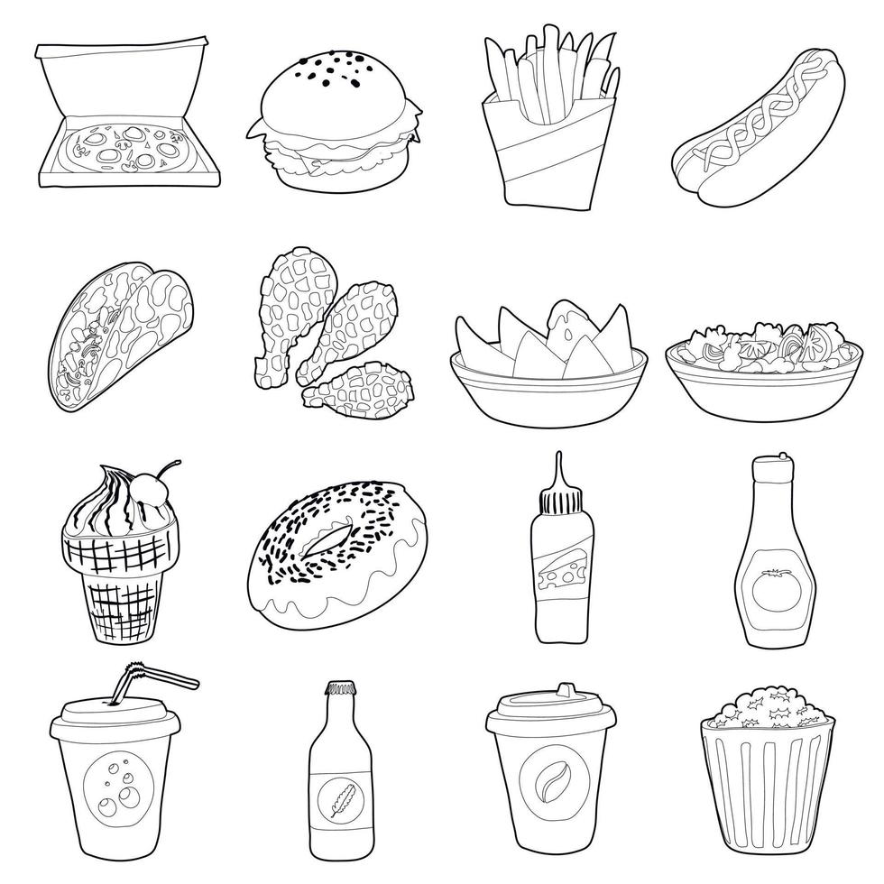 conjunto de iconos de comida rápida, estilo de contorno vector