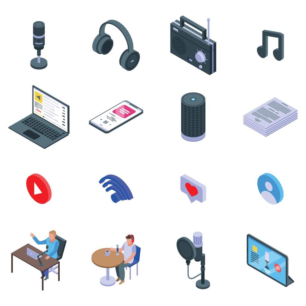 Podcast icons set, isometric style vector