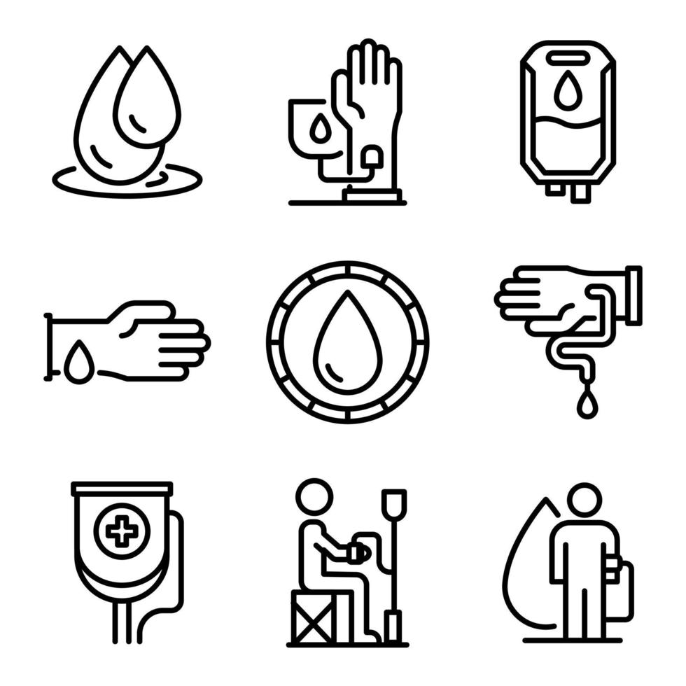Blood transfusion icons set, outline style vector