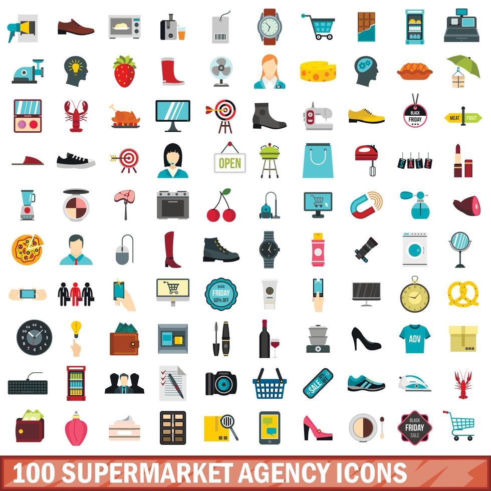 100 supermarket agency icons set, flat style vector