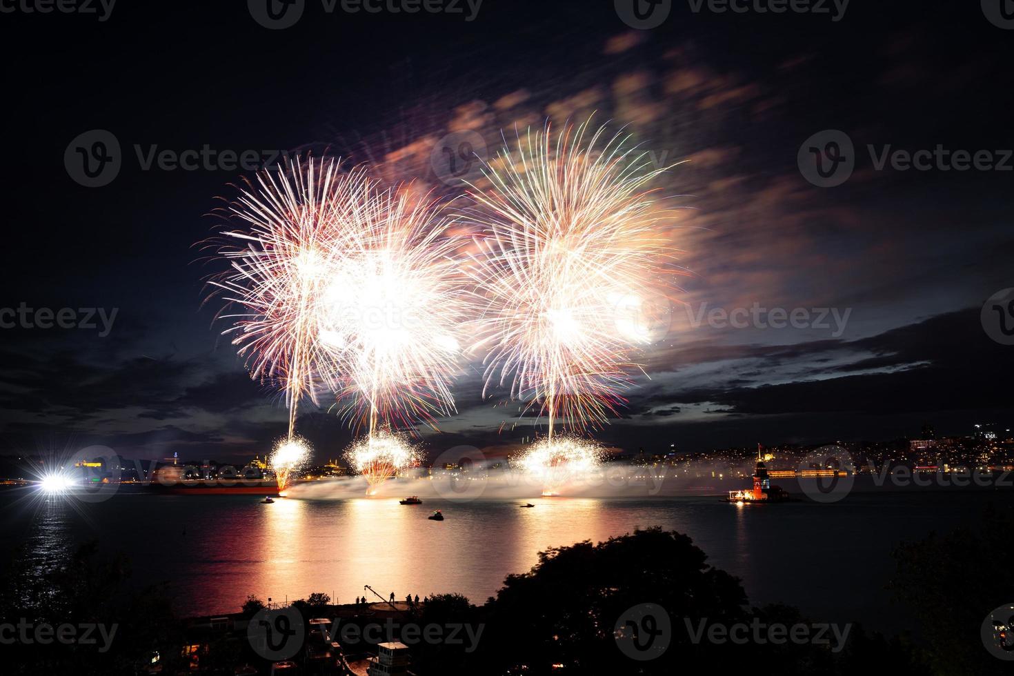 Fireworks over Bosphorus Strait, Istanbul, Turkey photo