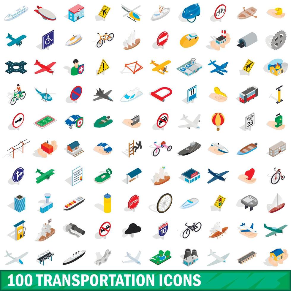 100 transportation icons set, isometric 3d style vector