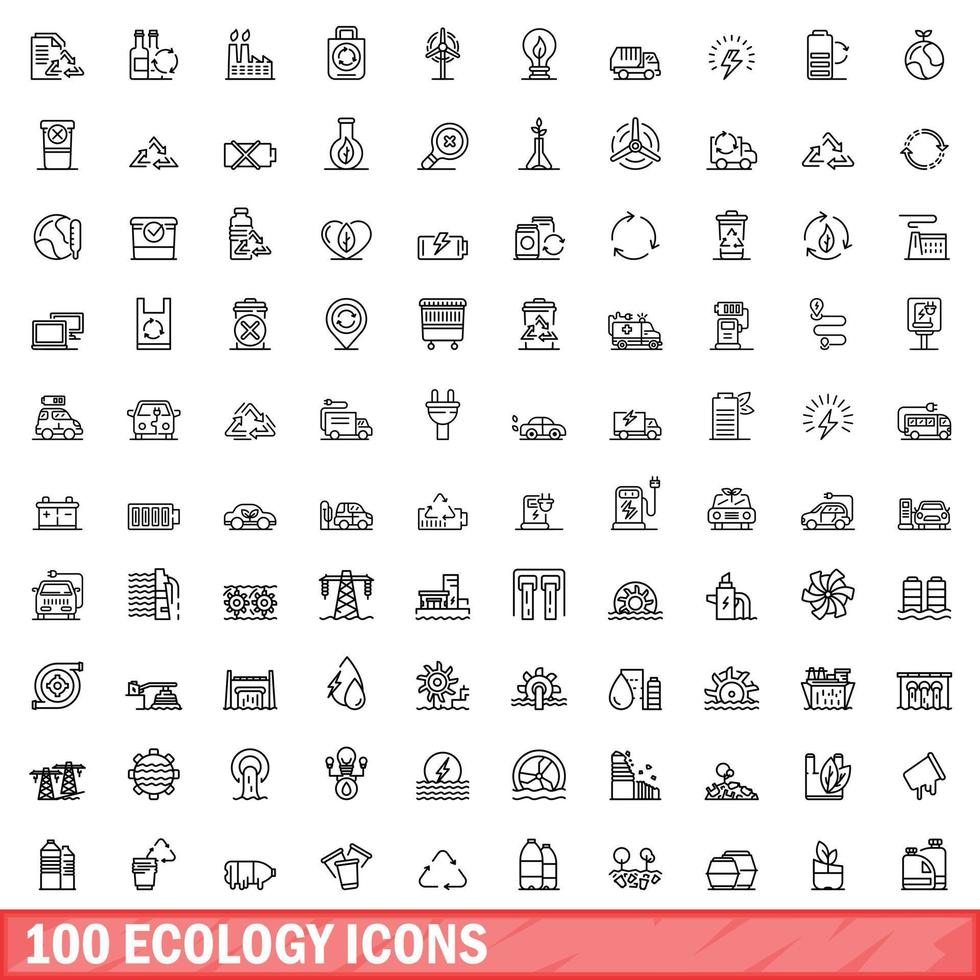 100 iconos de ecología, estilo de esquema vector