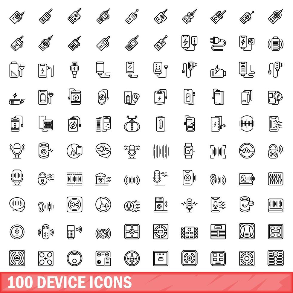 100 device icons set, outline style vector