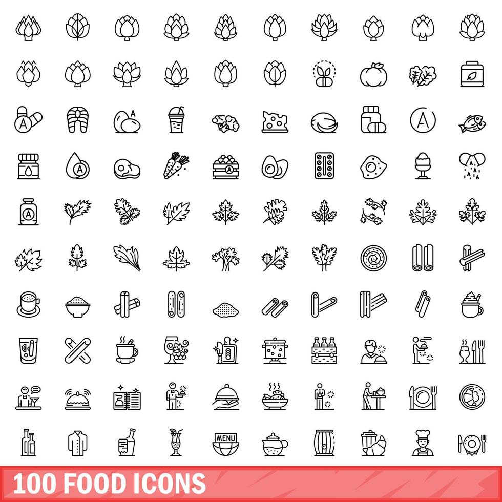 100 iconos de alimentos, estilo de esquema vector