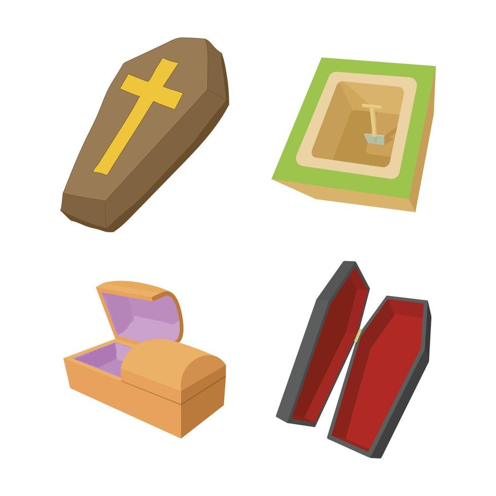 Coffin icon set, cartoon style vector