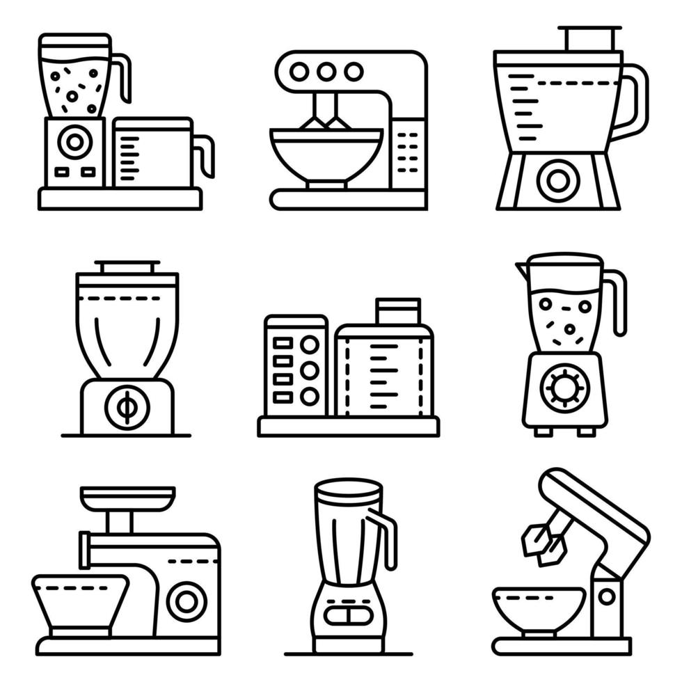 conjunto de iconos de procesador de alimentos, estilo de esquema vector