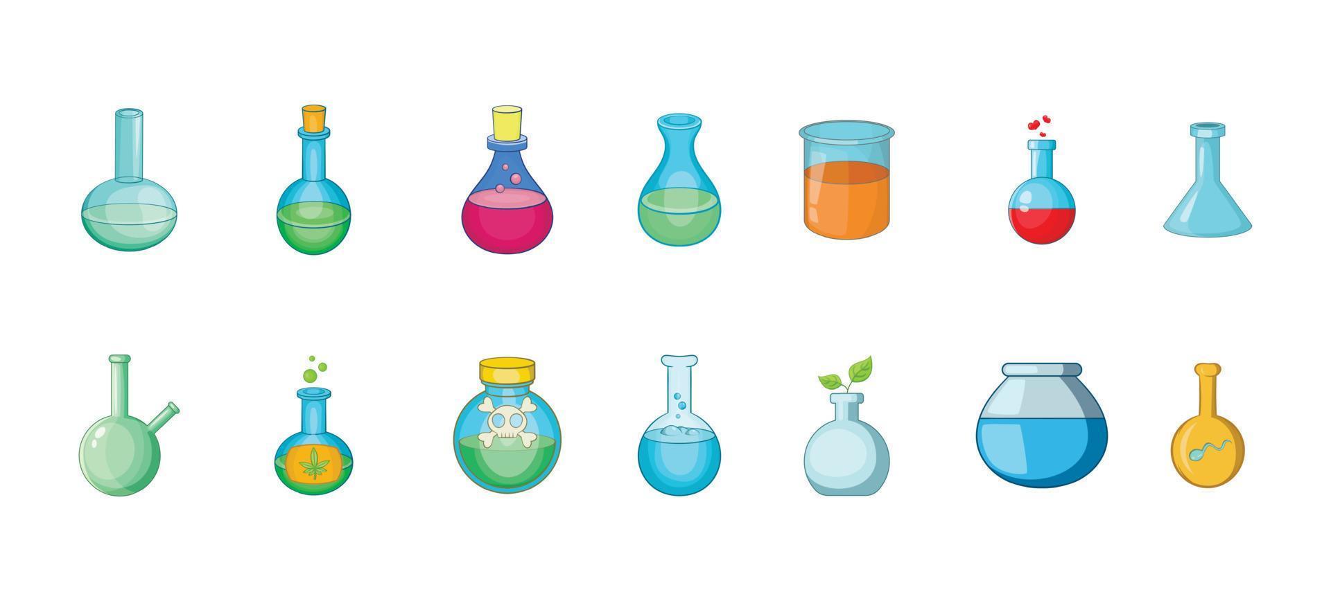 Chemical bottle icon set, cartoon style vector