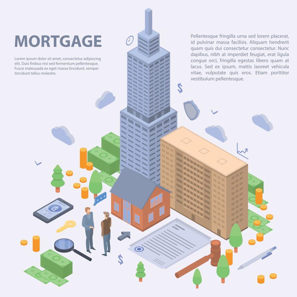 Mortgage building concept background, isometric style vector