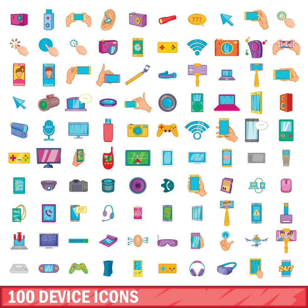 100 device icons set, cartoon style vector