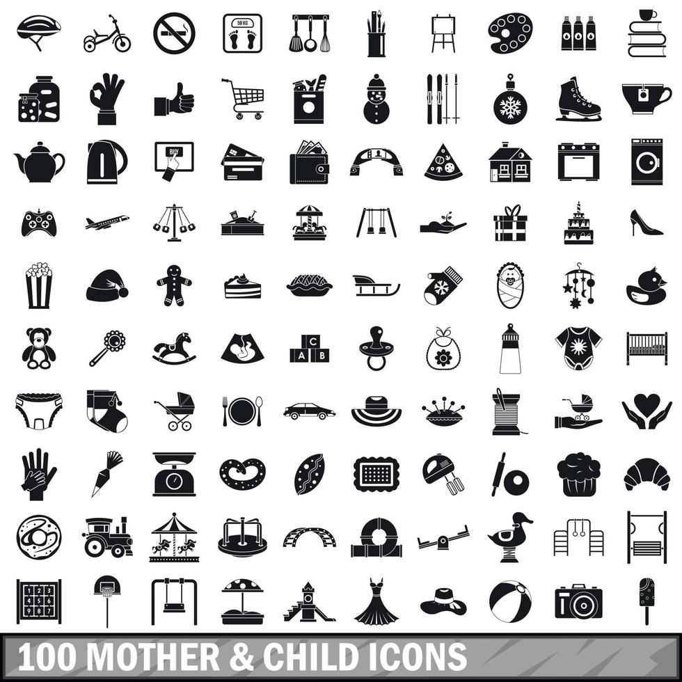 100 mother and child icons set, simple style vector