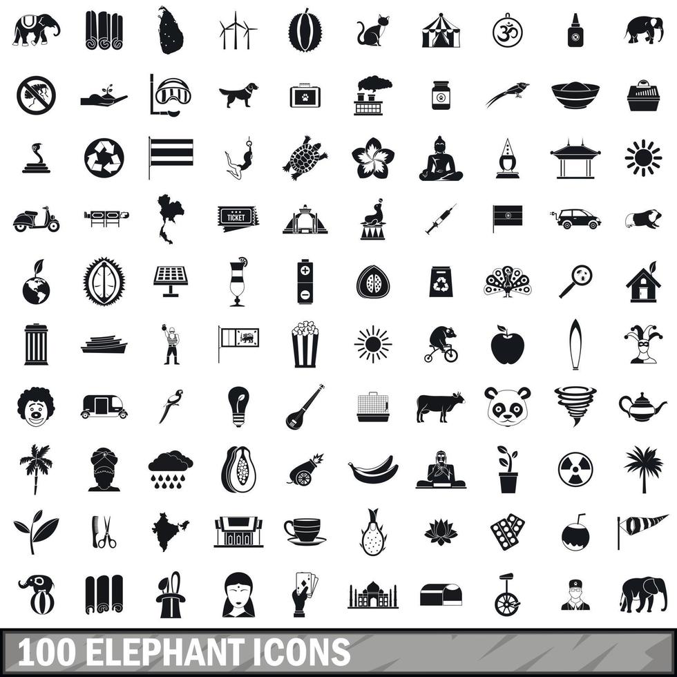 100 iconos de elefantes, estilo simple vector