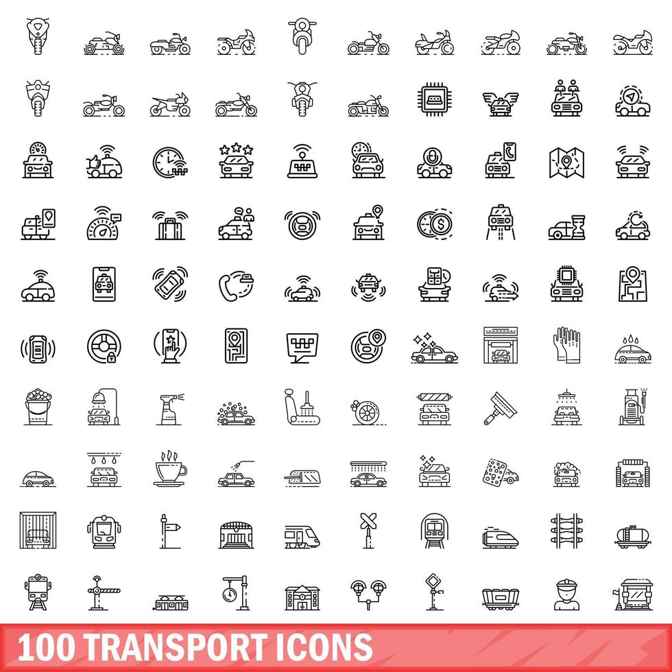 100 transport icons set, outline style vector