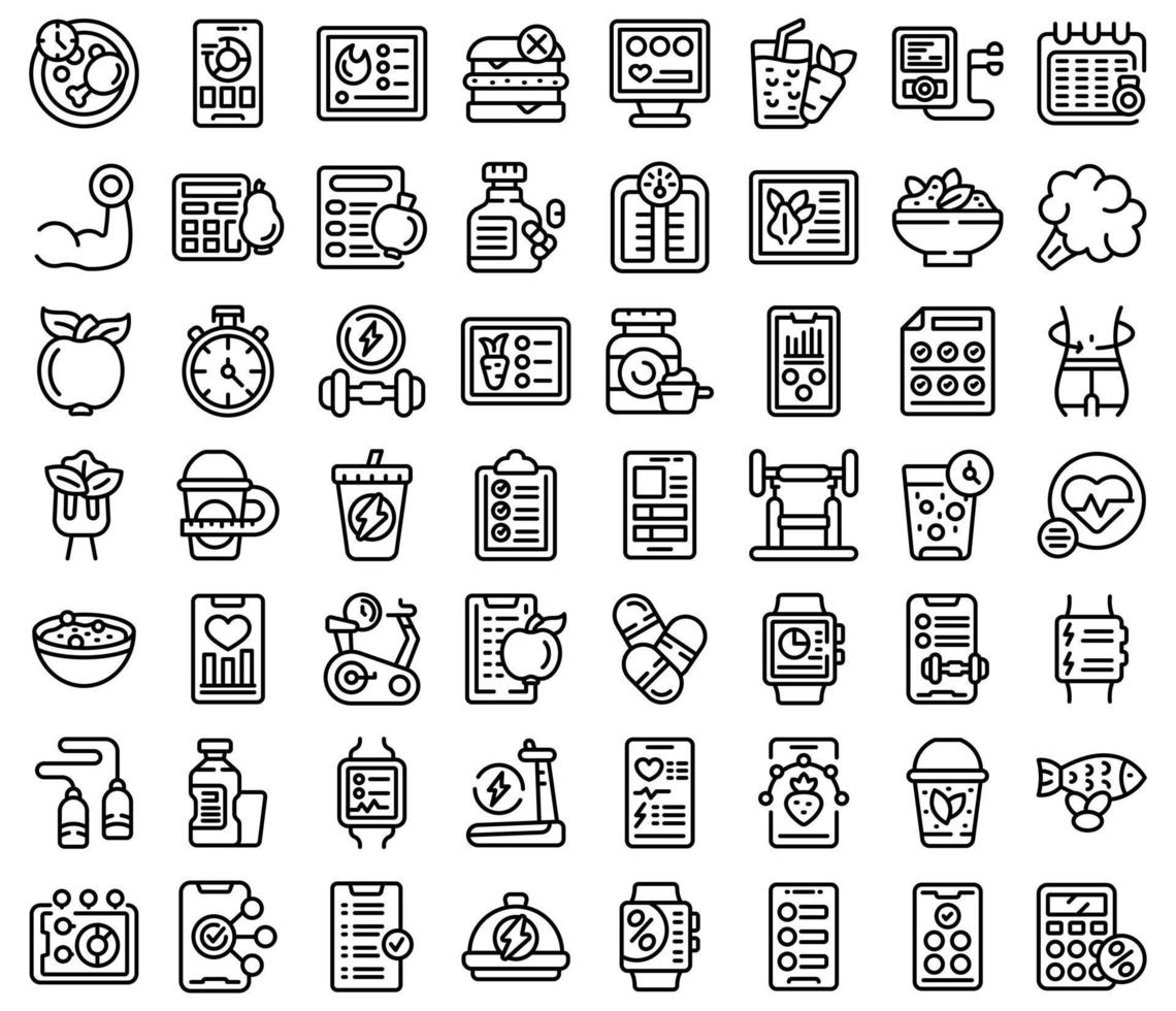 Diet app icons set outline vector. Fat plan vector