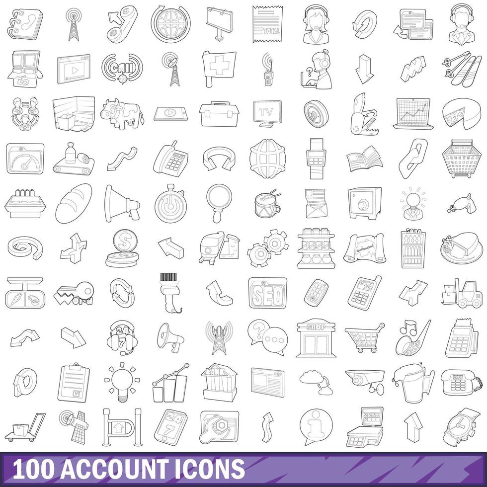 100 iconos de cuenta establecidos, estilo de contorno vector