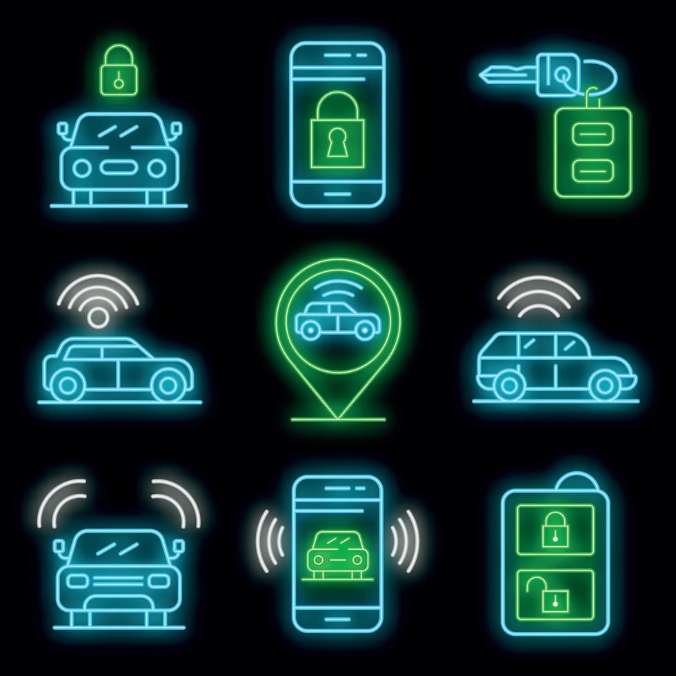 Car alarm system icons set vector neon