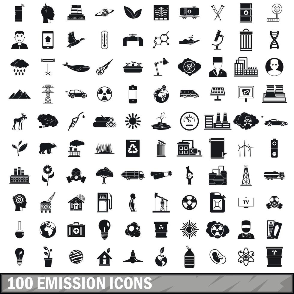 100 emission icons set, simple style vector