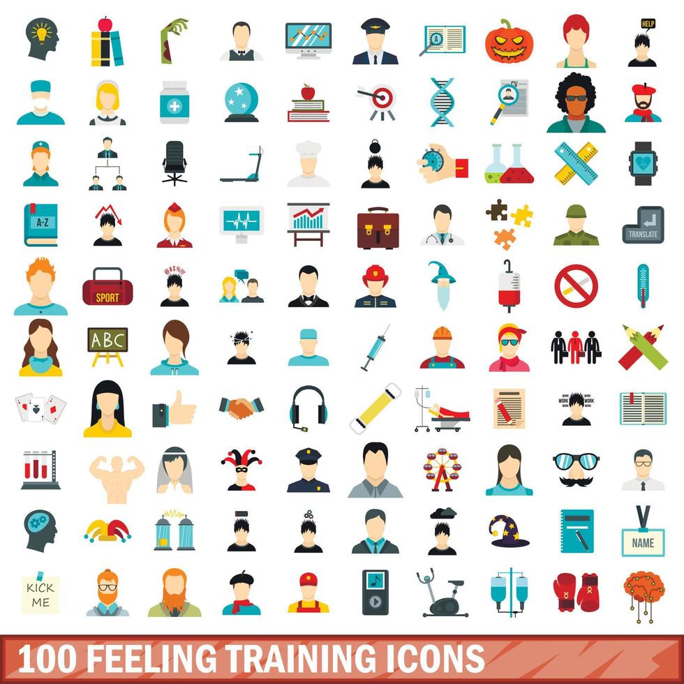 100 feeling training icons set, flat style vector