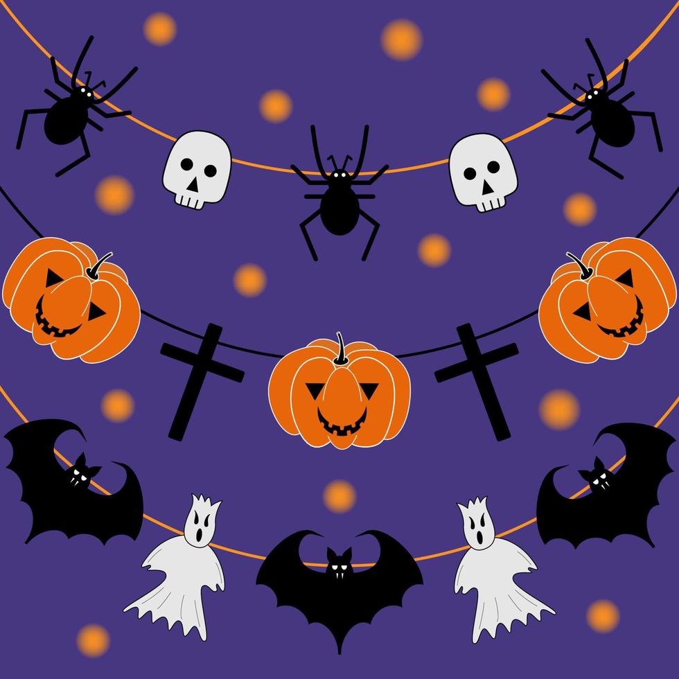 cartel de dibujos animados de vector, postal, fondo para halloween. calabaza, fantasma, araña, calavera, cruz y murciélago cuelgan como una guirnalda sobre un fondo oscuro con estrellas o farolillos. 8575572 Vector en cartel de dibujos animados de vector, postal, fondo para halloween. calabaza, fantasma, araña, calavera, cruz y murciélago cuelgan como una guirnalda sobre un fondo oscuro con estrellas o farolillos. 8575572 Vector en