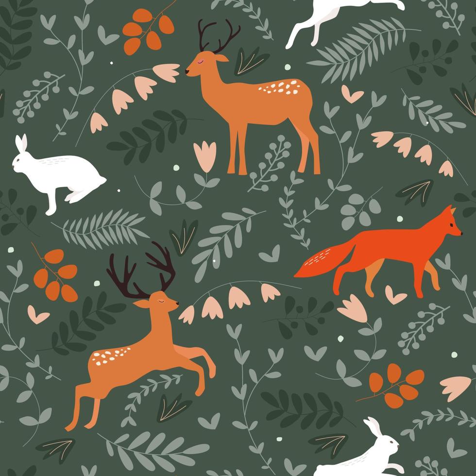 patrón impecable con un estampado natural del bosque. animales salvajes del bosque liebre, zorro, ciervo entre hojas, flores, ramas. vector