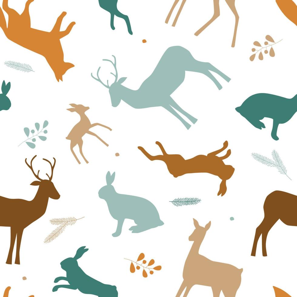patrón impecable con siluetas de animales salvajes del bosque, hojas. ornamento natural con liebres, zorros, ciervos. gráficos vectoriales vector