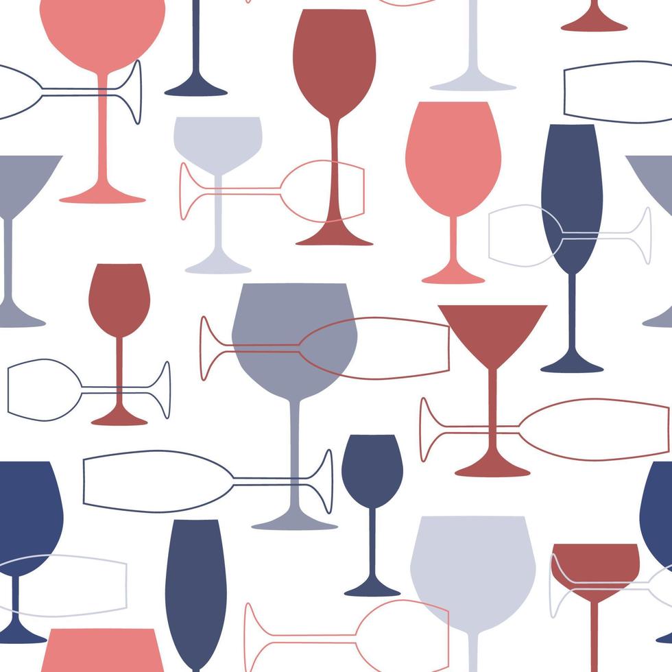 Abstract contemporary seamless pattern with wine glasses of different shapes. Transparent drinking utensils. Vector graphics.