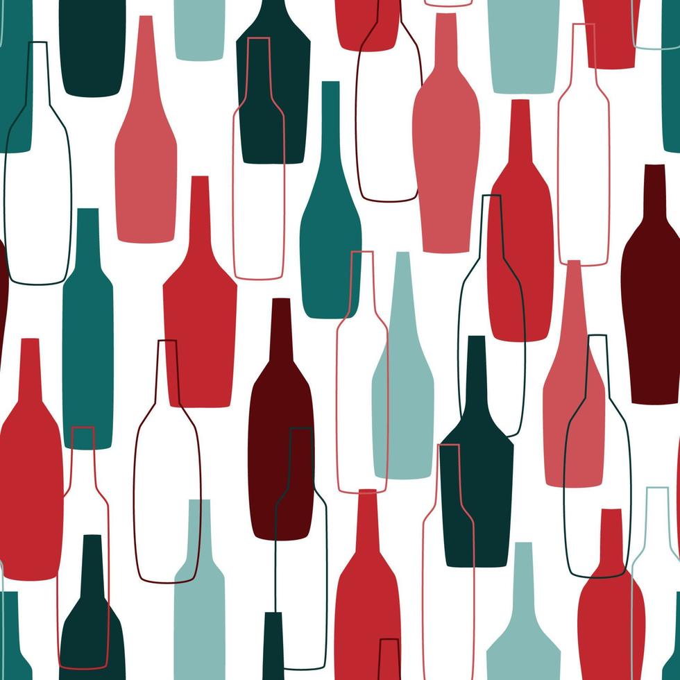 Abstract modern seamless pattern with silhouettes of wine bottles of different shapes. Transparent drinking utensils. Vector graphics.