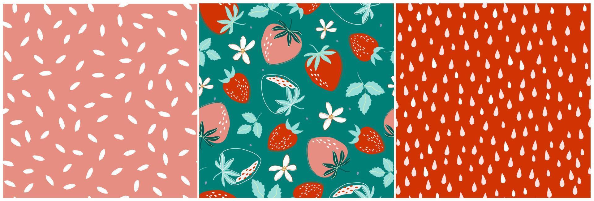 un conjunto de patrones sin fisuras con jugosas fresas. estampado natural afrutado de verano. comida vegetariana saludable. gráficos vectoriales vector