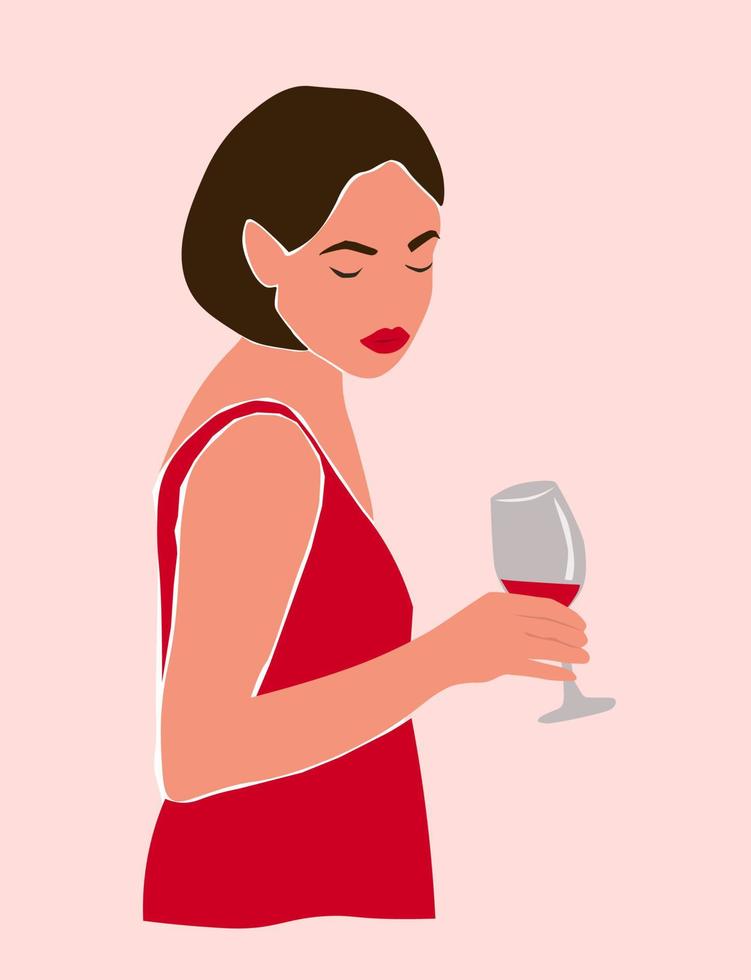 A beautiful girl in an evening dress with bright lips and a glass of wine. Abstract modern portrait. Vector graphics.